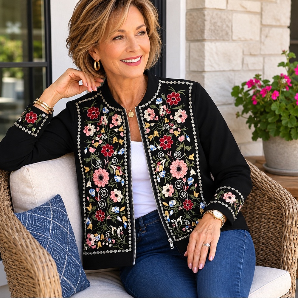 Selfie Leslie Black Floral Embroidered Full Zip Cardigan Jacket Women’s Medium